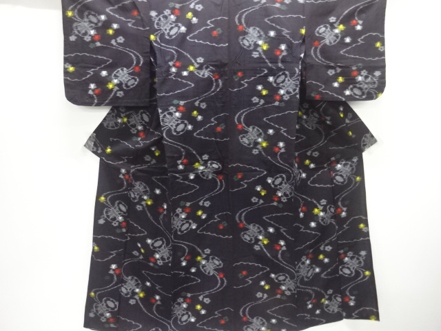 アンティーク　木綿本場久留米絣　鼓に花模様単衣着物